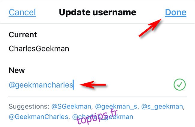 Sur l'application Twitter, saisissez votre nouveau nom d'utilisateur et appuyez sur 
