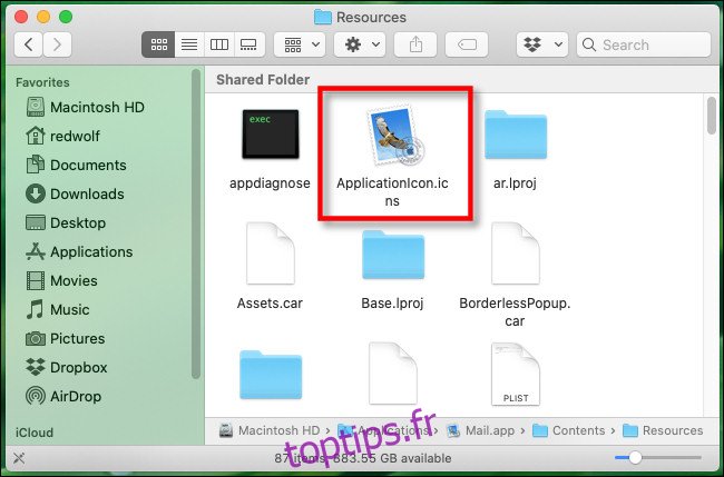 Dans le dossier Recources du package d'application Mac, cliquez sur le fichier ApplicationIcon.icns.