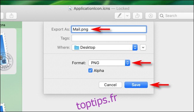 Dans la boîte de dialogue Exporter dans Aperçu sur Mac, entrez un nom, une destination et un type de fichier.