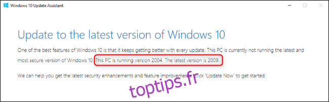 L'Assistant Windows Update affichant les numéros de version.
