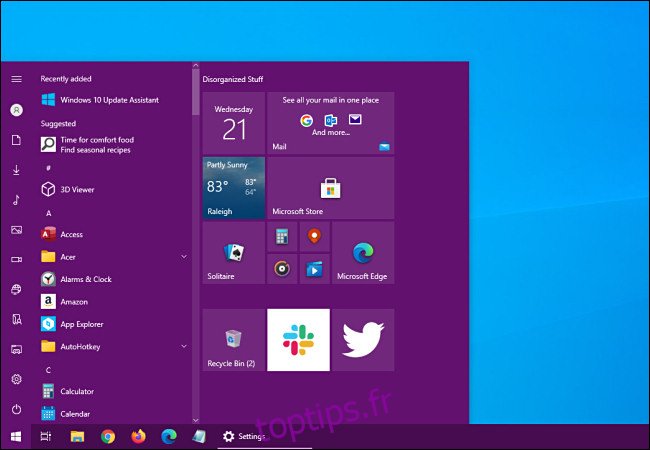 Un menu Démarrer de Windows 10 avec une couleur d'accent ajoutée.