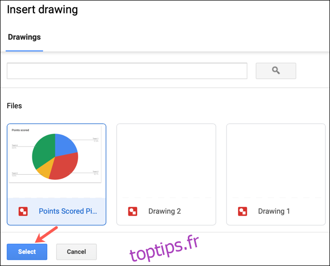 Sélectionnez un dessin et cliquez sur Insérer dans Google Docs