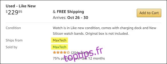 Une liste pour une montre intelligente d'occasion sur Amazon de MaxTech.