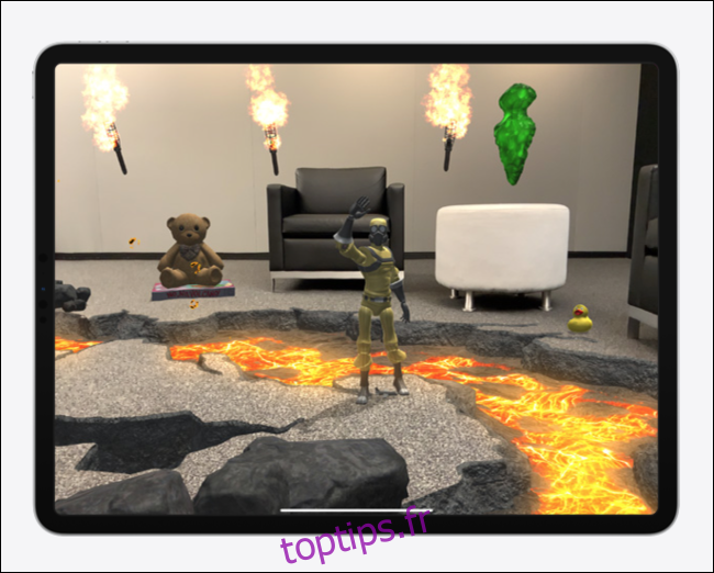Jouets virtuels, personnages et décors dans un salon Expérience AR sur iPad Pro.
