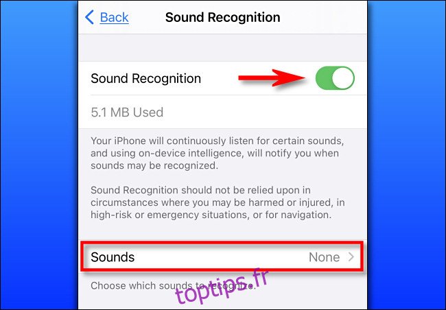 Dans Paramètres de l'iPhone, activez la reconnaissance sonore.