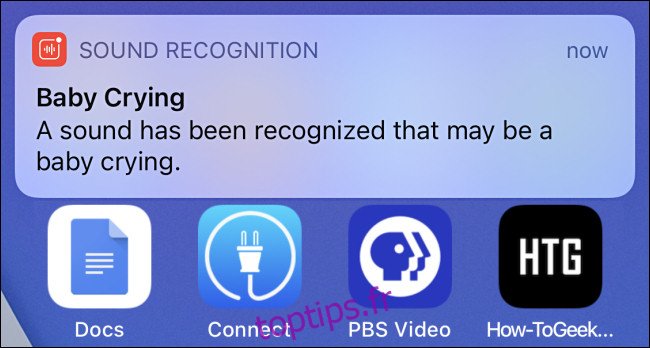 Une notification d'alerte de reconnaissance sonore sur iPhone pour un bébé qui pleure.
