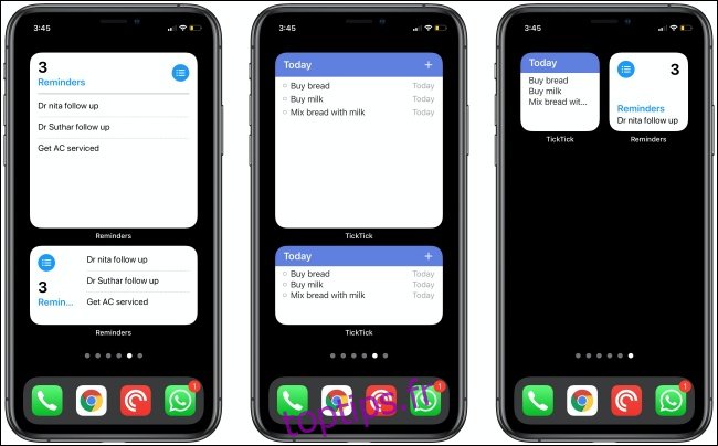 Les rappels et les widgets TickTick sur trois iPhones.