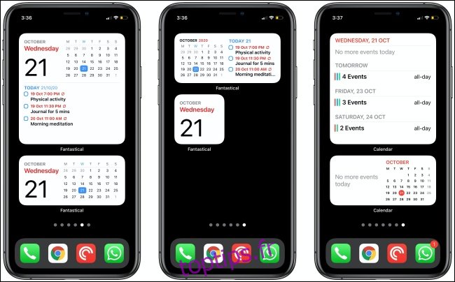 Widgets fantastiques et de calendrier sur trois iPhones.