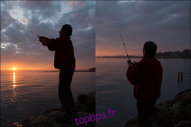 Deux images d'un homme pêchant au coucher du soleil prises à différentes distances focales, mais avec la même quantité de lumière. 
