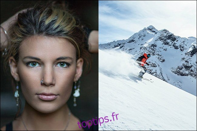 Portrait d'une femme à gauche et d'un homme skiant sur une montagne à droite. 