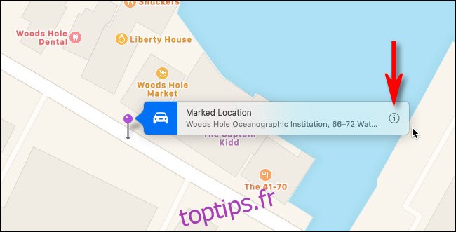 Placez une épingle dans Apple Maps sur Mac et cliquez sur le bouton 