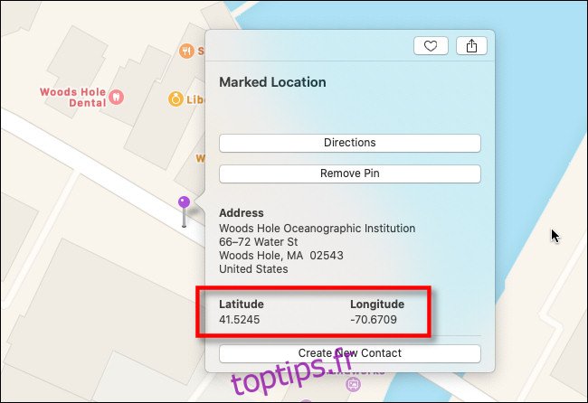 Dans la fenêtre d'informations de localisation marquée sur Apple Maps sur Mac, vous verrez la latitude et la longitude.
