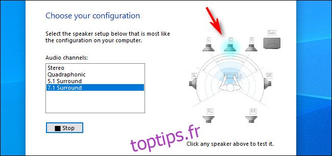 Dans la configuration des haut-parleurs sous Windows 10, cliquez sur un haut-parleur individuel pour entendre un son émis.