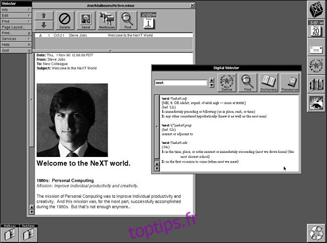 Un e-mail de Steve Jobs sur un ordinateur NeXTSTEP 2.0.
