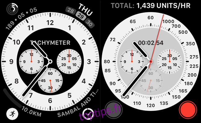 Un cadran de montre Chronograph Pro avec une complication tachymétrique intégrée.