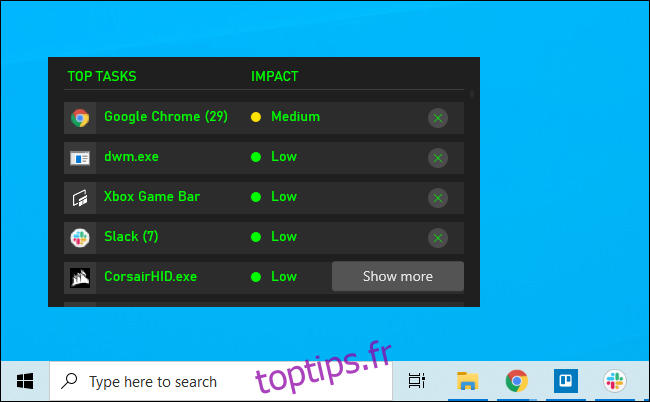 Le widget Ressources de la Xbox Game Bar épinglé à un bureau Windows 10