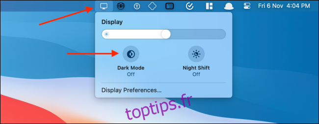 Activer le mode sombre à partir de l'icône d'affichage dans la barre de menus