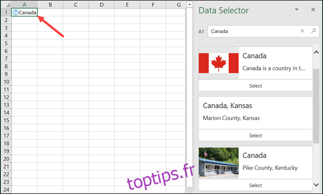 Le Canada dans la géographie d'Excel 