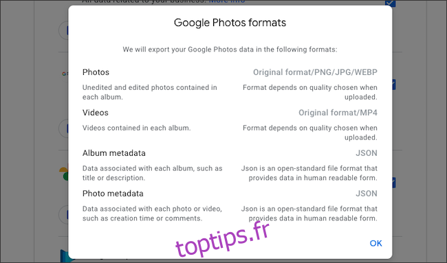 Vérifier les formats de fichier de l'exportation de données Google Photos