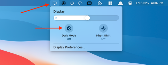 Activer le mode sombre à partir de l'icône d'affichage dans la barre de menus
