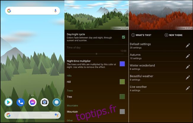 Trois fonds d'écran de paysage forestier sur les smartphones dans l'application Forest Live Wallpaper.