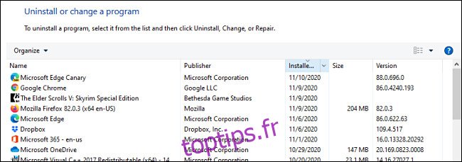 Une liste des programmes installés dans le Panneau de configuration Windows.
