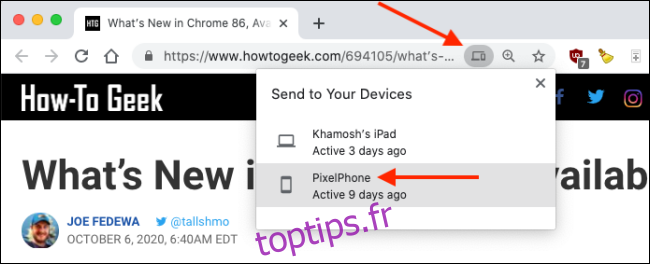 Transférer l'onglet sur iPhone ou iPad à partir de la barre d'URL Chrome sur Mac