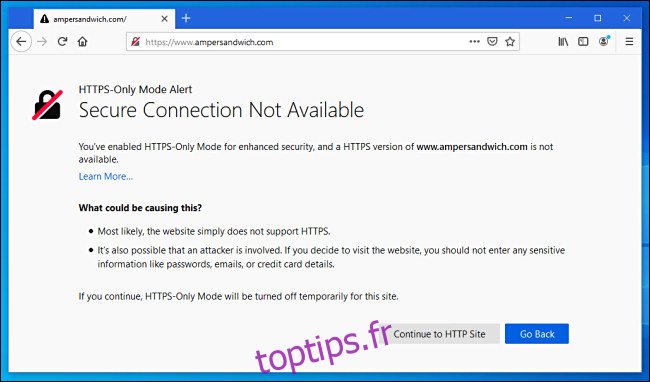 Avec le mode HTTPS uniquement activé dans Firefox, vous verrez ce message d'erreur si vous visitez un site Web non HTTPS.