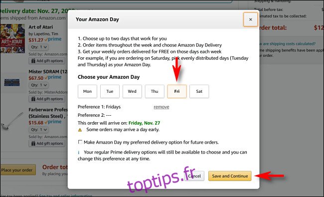Sélectionnez vos un ou deux jours de livraison Amazon Day puis cliquez ou appuyez sur 