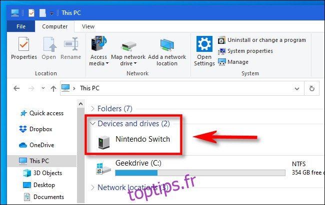 Dans l'Explorateur de fichiers Windows, recherchez le commutateur Nintendo et ouvrez-le.