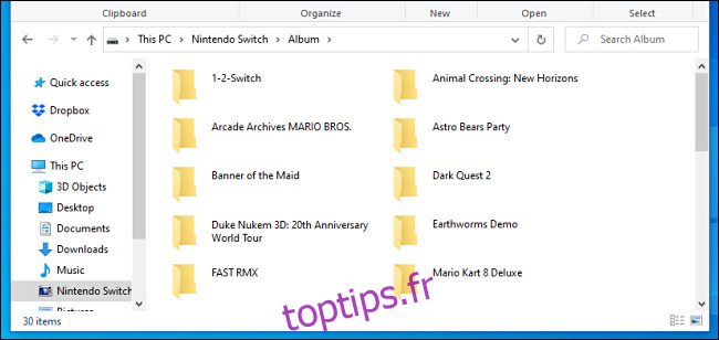 Une liste des captures d'écran et des dossiers vidéo de la Nintendo Switch tels qu'ils apparaissent sur un PC Windows via un câble USB.