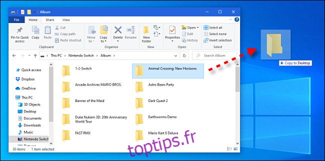 Pour copier des images du commutateur vers votre PC, faites glisser et déposez les fichiers ou dossiers.