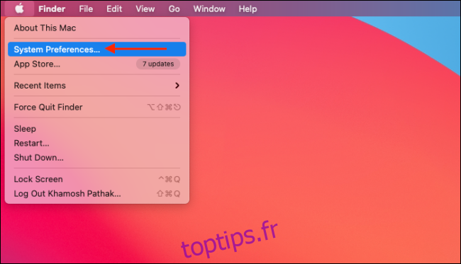 Sélectionnez Préférences Système dans le menu Pomme de Big Sur