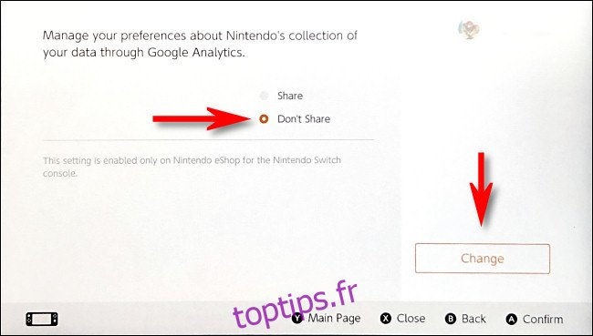Sur la page des options Google Analytics du Nintendo eShop, sélectionnez 