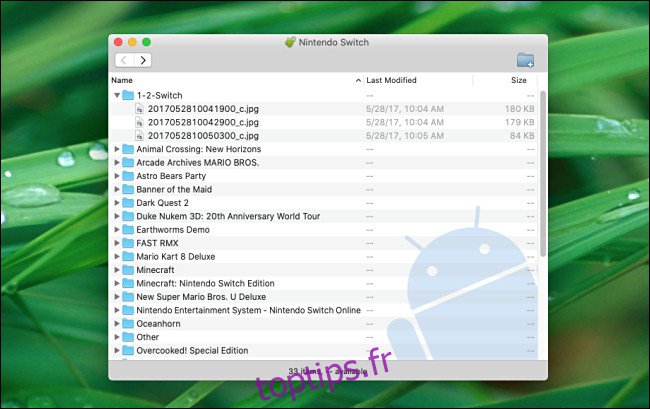 Une liste de captures d'écran et de vidéos de Switch triées par dossier comme vu par Android File Transfer sur le Mac.