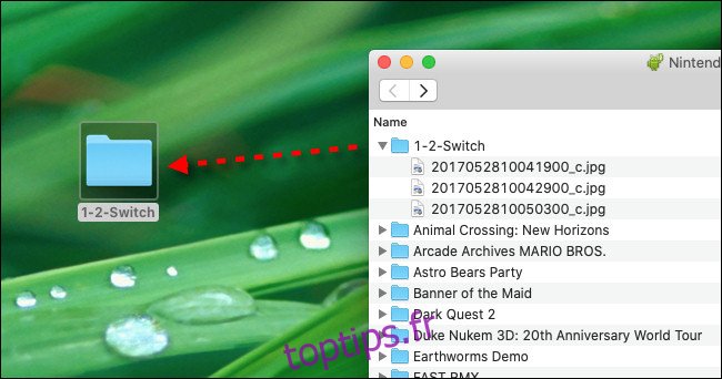 Faites glisser et déposez les fichiers de capture d'écran Nintendo Switch depuis Android File Transfer sur le bureau de votre Mac.