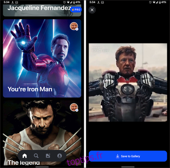 Trois GIF de personnages de films dans l'application Reface.