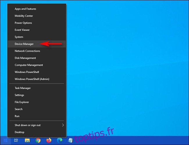 Dans le menu utilisateur avancé de Windows 10, cliquez sur 