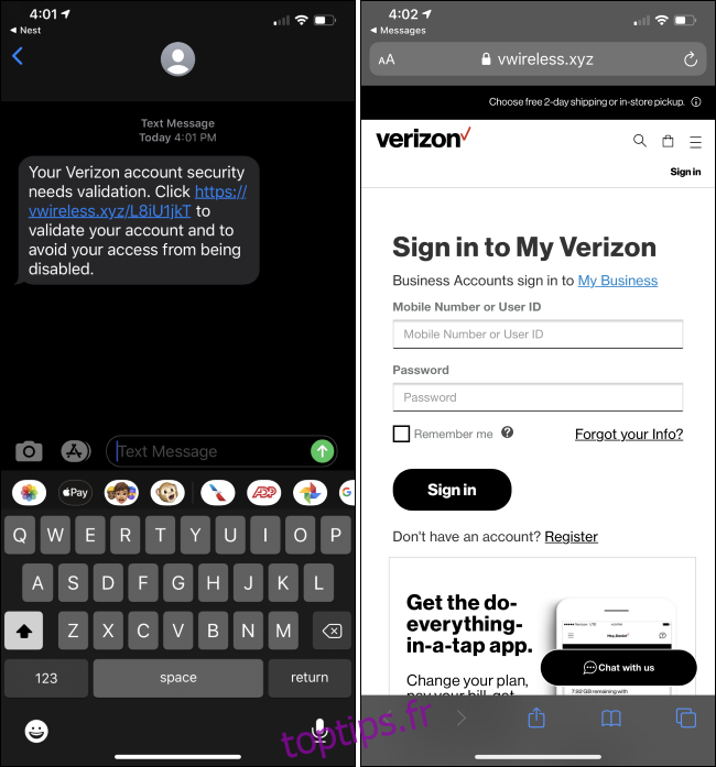 Une escroquerie de phishing par SMS Verizon sur un iPhone.
