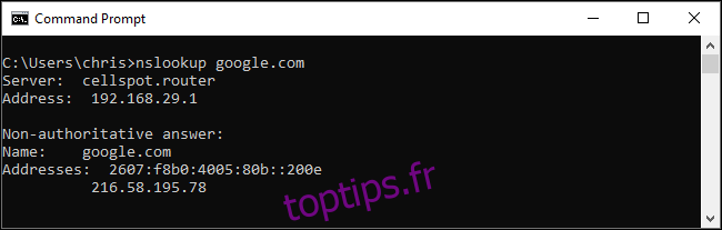 Effectuer une recherche DNS avec la commande nslookup sous Windows 10.