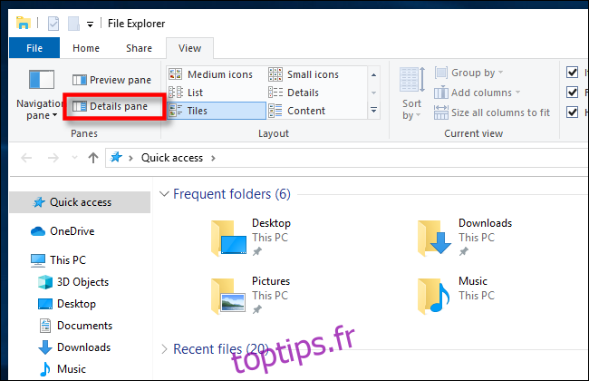 Cliquez sur le volet Détails dans l'Explorateur de fichiers Windows 10