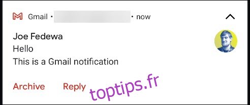 Les options par défaut dans une notification Gmail. 