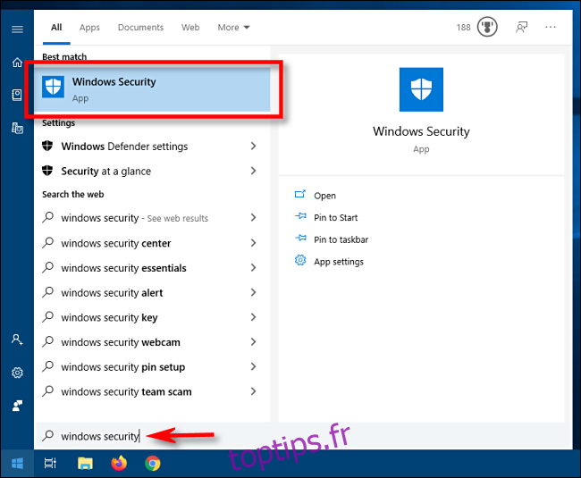 Lancez la sécurité Windows à partir du menu Démarrer de Windows 10