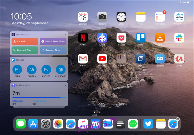Widgets affichés sur l'écran d'accueil de l'iPad Pro en mode paysage