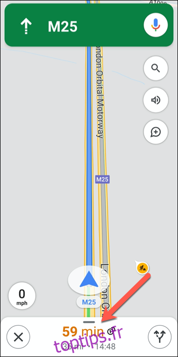Appuyez sur les informations d'itinéraire (contenant les ETA) en bas de l'interface de navigation de Google Maps