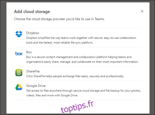 Les équipes ajoutent le menu Cloud Storage