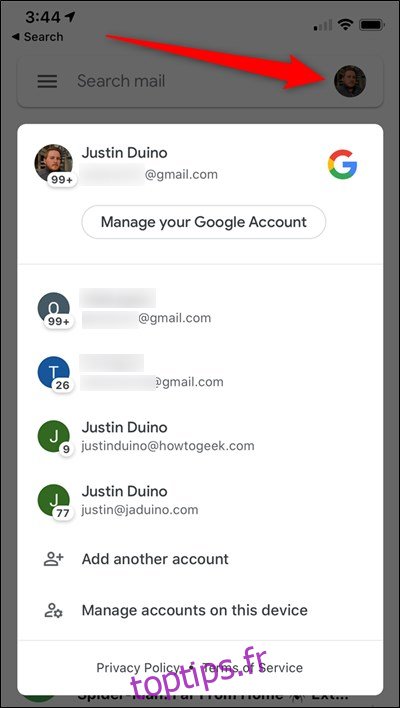Sélecteur de compte Avatar Tap Gmail pour iPhone