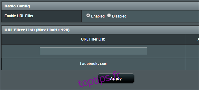 Bloquer les sites Web sur un routeur Asus avec la fonction Liste de filtres d'URL.