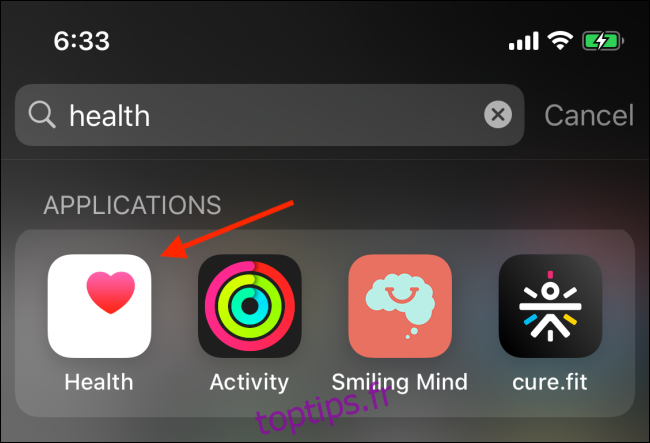 Appuyez sur l'application Santé pour l'ouvrir à partir de la recherche Spotlight sur iPhone.