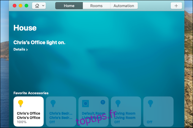 Contrôle des lumières Hue dans l'app Maison sur un Mac.